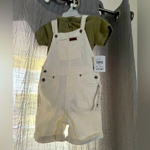 NWT, 24mth, Joes two piece Jean overall set with olive green romper shirt.